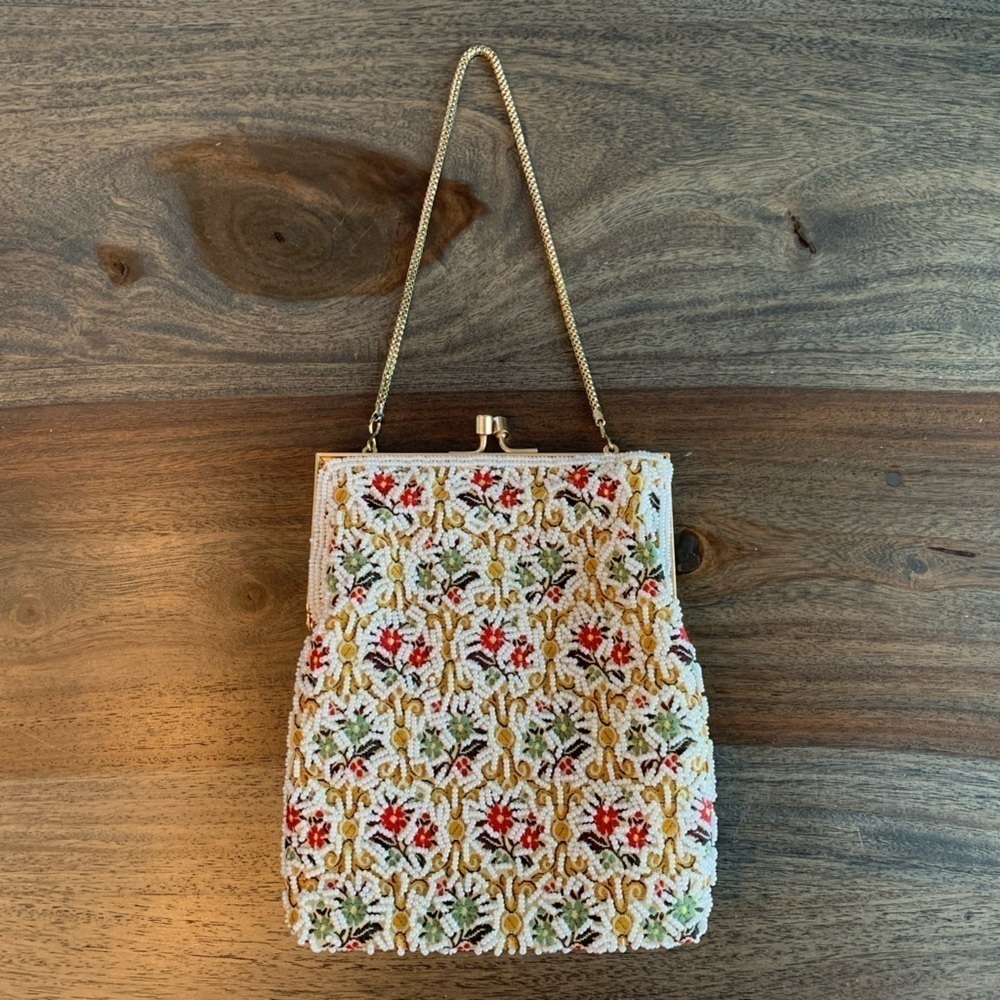 Du-Val Vintage Beaded Purse Made in Hong Kong Gold Tone Chain Flowers Multicolor - Picture 4 of 13